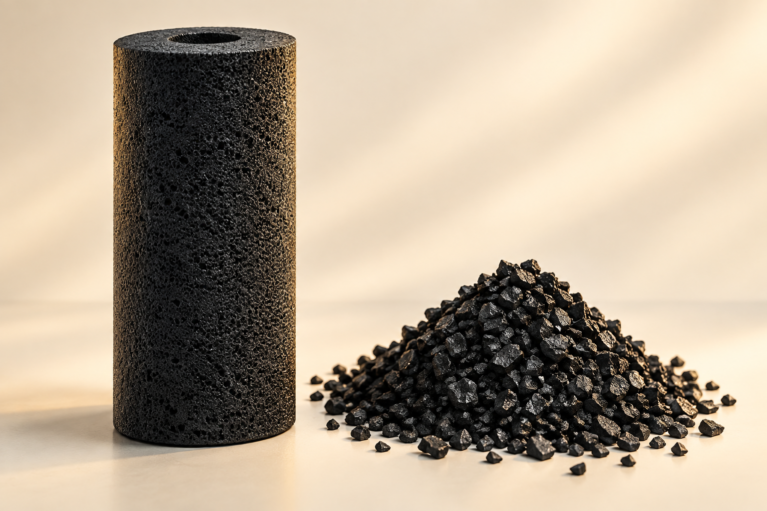 Illustration of a carbon block beside granular catalytic carbon