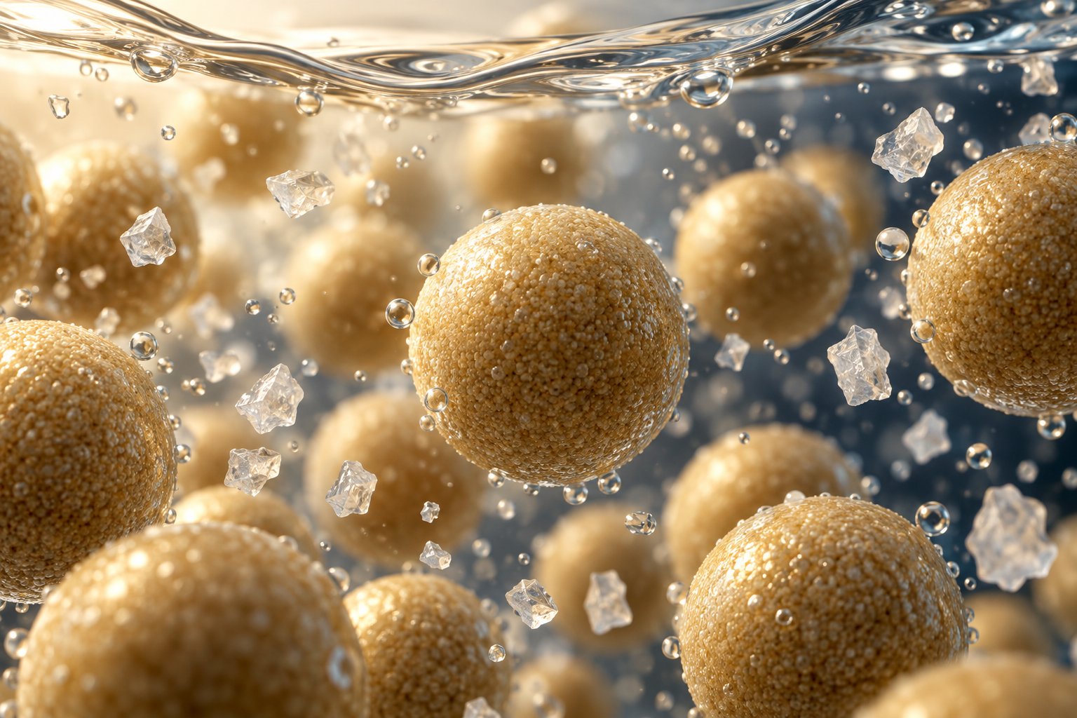 Conceptual illustration of filtration media and suspended mineral crystals in water